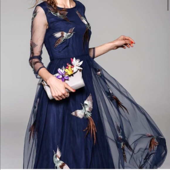 Ewheat Dresses & Skirts - Ewheat Embrodiered Flying Birds Sheer Dress